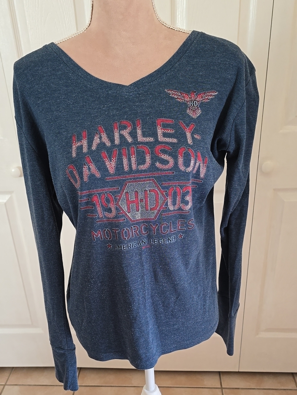 Womens 2Xl Harley-Davidson Navy Long-Sleeve V-Neck with Red Graphic
